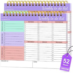 To Do List Notepad 52 Undated Pages, Weekly To Do List Notepad with Weekly Goals, 2 Packs Weekly Planner Notepad 8.5"×11", Task Planning Pad with PP Cover for Women Men to Track Task