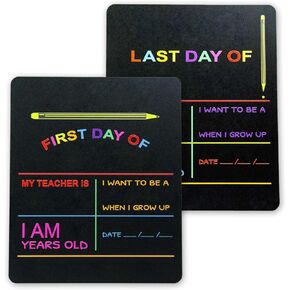 Reusable My First Day and Last of School Set Milestone Chalkboard Sign. Photo Prop Board for Kids, Black w/color print - 12" x 10" rectangle