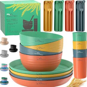 Wheat Straw Dinnerware Sets For 4 - Elder Kids Plates And Bowls Sets - Microwave Safe Dinnerware - Unbreakable Dinnerware Replace Plastic Dinnerware Set - Camping Dishes Set for 4 RV dishes