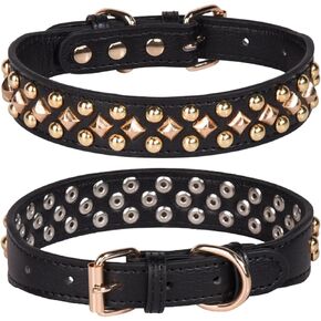 Spiked Studded Dog Collar, Adjustable Soft Leather Puppy Collar for Small Medium Dogs Bulldog Pitbull Mastiff Poodle Boxer (XS, Green-2)