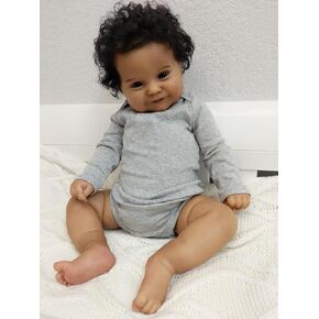 20 Inches Real Baby Size Sweet Smiling Rooted Curly Hair Lifelike African American Reborn Baby Doll Realistic Newborn Weighted Cloth Body Dolls in Dark Brown Skin