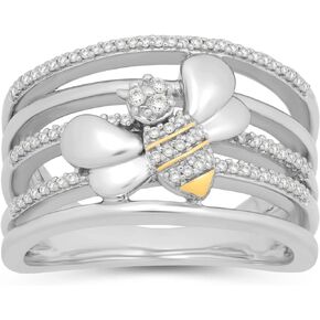 Jewelili Sterling Silver and 10K Yellow Gold 1/5 Cttw Natural White Round Diamonds Bee Band Ring, Size 7