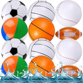 Chivao 12 Pack Inflatable Beach Ball Football Soccer Baseball Volleyball Softball Glitter Beach Ball Blow up Balls for Summer Swimming Pool Party Favor Game(Baseball,16 Inch)