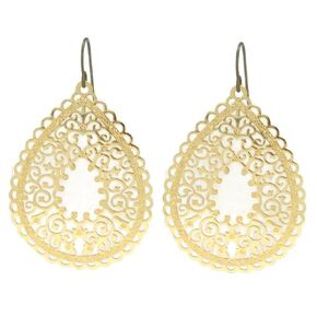Scalloped Filigree Lace Teardrop Cutout Dangle Earrings on Hypoallergenic Titanium Hooks (Beige)