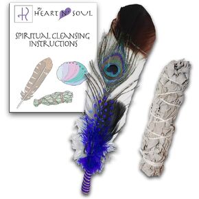 New Smudge Kit with Sage, Turkey and Peacock Feather, Unique Homecrafted Energy Cleansing Clearing Spiritual Practice House Smudging - Detailed Instructions for Beginners (Black/White)
