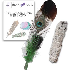 New Smudge Kit with Sage, Turkey and Peacock Feather, Unique Homecrafted Energy Cleansing Clearing Spiritual Practice House Smudging - Detailed Instructions for Beginners (Black/White)