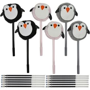 Maydahui 6PCS Plush Penguin Pom Pom Pen Fluffy Fur Ball Rollerball Gel Pens Cute Cartoon Animal Pen Black Ink for Office School Party School(6PCS Pen+12PCS Pen Refills)