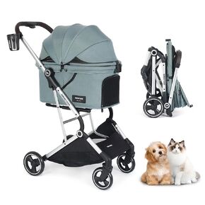 T4 Pet Stroller Dog Cat Stroller for Small Medium Dogs Cats, 4 Wheels Travel Folding Carrier Waterproof Puppy Stroller with Pad, Canopy and Cup Holder, Green