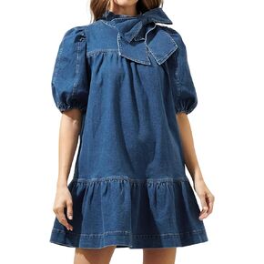 Women Summer Puff Short Sleeve Denim Dress Mock Neck Babydoll Jean Dress with Bow
