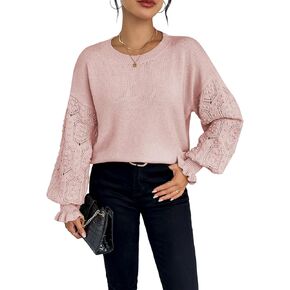 Pink Queen 2024 Fall Women's Crewneck Ribbed Knit Pullover Sweaters Hollow Out Long Sleeve Crochet Tops