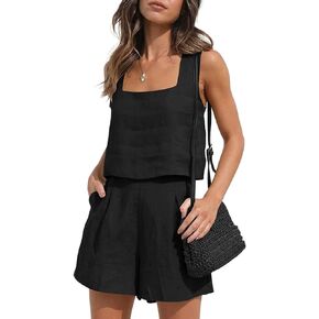 Women's 2 Piece Outfits Cotton Linen Crop Tank Top Wide Leg Shorts With Pockets Fashion Vacation Casual Set