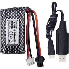 1PCS 7.4V 800mAh SM Plug Lithium Battery and USB Charging Cable suitable for WPL C24 D12 RC Truck Anstoy 1085 1086 1087 1088 Gel Ball Blasting Machine SYMA Q12 RC Boat Spare Batteries