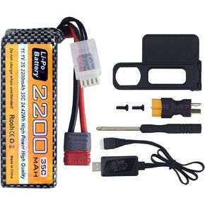 11.1V 2200mAh 35C 3S T Plug Lipo Battery and USB Charging Cable Suitable for MJX H16P H16E H16GT H16BM H16PL 14301 RC Car High-Speed Drift Model Toy Car Upgrade Battery