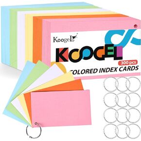 Koogel 600PCS Colored Index Cards, 3 x 5 Inch Blank Flash Cards with Rings Prehole Punched Notecards Study Cards for School Learning