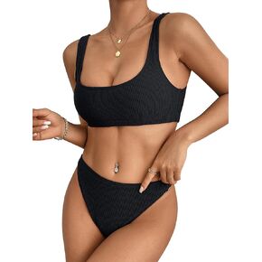 Dixperfect Two Pieces Bikini Sets Swimsuit Sports Style Low Scoop Crop Top High Waisted High Cut Cheeky Bottom