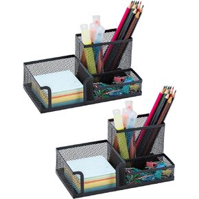 2 Pack Black Pen Holder - Mesh Desk Organizer Office Supplies Caddy with Sticky Notes Holder, 3 Compartments 4 Non-slip Mats Easy Storage Suitable for Office, School, Home