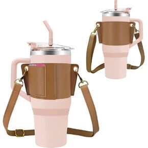 Water Bottle Holder for Stanley Tumbler with Handle, Leather Carrier Strap for 40 oz 30 oz Stanley Cup Accessories, Water Bottle Carrier with Adjustable Strap, Card Holder, Keyring (Black)