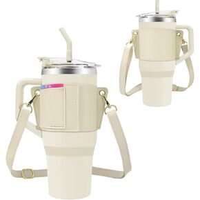 Water Bottle Holder for Stanley Tumbler with Handle, Leather Carrier Strap for 40 oz 30 oz Stanley Cup Accessories, Water Bottle Carrier with Adjustable Strap, Card Holder, Keyring (Black) in Kuwait