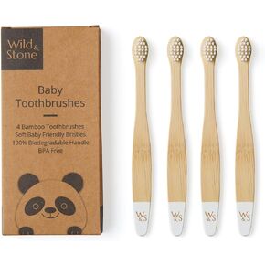 Wild & Stone Organic Baby Bamboo Toothbrushes | 4 Pack | Soft Bristles | 100% Compostable Handle | BPA Free | Vegan Baby Toothbrushes (Baby Blue)