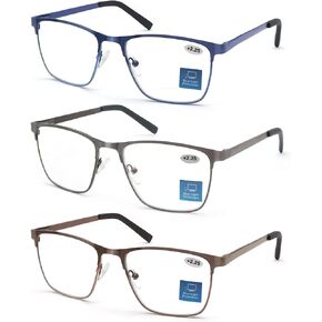 MODFANS Men Reading Glasses Blue Light Blocking Glasses Metal Square Readers Stainless Steel Material Anti Eyestrain/Glare/UV