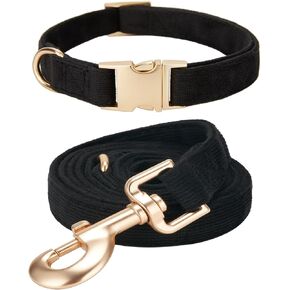 Soft Corduroy Dog Collar and Leash Set, Adjustable Cotton Dog Collars with Metal Buckle and Lead for Small Dogs,Beige
