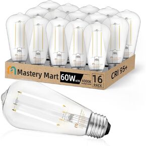 MASTERY MART E26 Led Bulb 60 Watt Equivalent, 5.5W Clear Edison Bulbs, Daylight White 4000k, CRI 90+, 500 Lumen, Vintage ST58 led Light Bulb for Home Non-Dimmable, 4 Pack