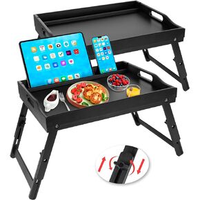 2 Pack Bed Tray Table with Handles Folding Legs, Bamboo Breakfast Food Tray with Media Slot, Use As Platter, Laptop Desk, Snack, TV Tray Kitchen Serving Tray(Natural)