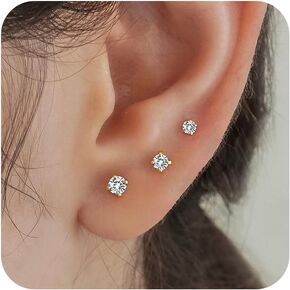 3 Pairs 14k Gold Stud Earrings for Women Hypoallergenic 925 Sterling Silver Post Dainty Cartilage Tragus Earrings Stacks Set Trendy Small Diamond Heart Multiple Piercing Jewelry for Men