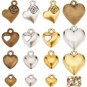 SUNNYCLUE 1 Box 90Pcs 15 Styles Heart Charms Hearts Charm Valentine's Day Assorted Love Charms Collection Tibetan Style Alloy Mother's Day Charm for Jewelry Making Charms Valentine Gifts DIY Crafting