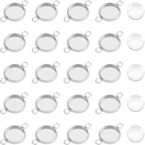 PH PandaHall 100pcs 12mm Stainless Steel Round Connectors Charm Cabochon Trays Bezel Pendant Trays with Clear Glass Cabochons Connectors Links for Jewelry Making 19.5x14x2mm Hole 2mm