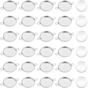 PH PandaHall 100pcs 12mm Stainless Steel Round Connectors Charm Cabochon Trays Bezel Pendant Trays with Clear Glass Cabochons Connectors Links for Jewelry Making 19.5x14x2mm Hole 2mm