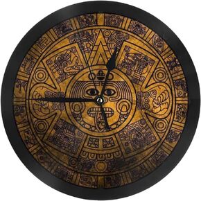 Aztec Calendar Mayan Sun Stone 10in Battery Round Wall Clock Non-Ticking Silent Clock -Rune Witch Style Decorative for Living Room, Kitchen, Home,Bathroom, Bedroom, Laundry Room