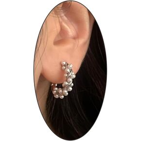 14K Gold Pearl Twisted Hoop Dangle Earrings for Women Teen Girls,Trendy Small Pearl Huggie Statement Studs Earrings Jewelry for Gifts Party Prom