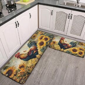 Rooster Carpet Set of 2 Farm Orchard Decorative Kitchen Floor Mats, Farmhouse Chicken Decorative Mats, Kitchen Floor Non-Slip Mats Cushioned Running Carpet Decoration 17"x 47"+17"x 24"