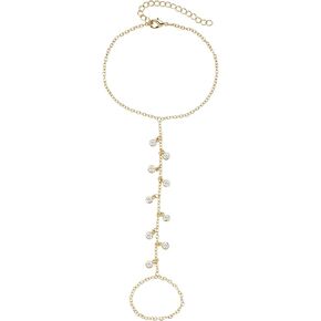 Ring Bracelet Hand Chain for Women, 14K Gold Zircon Finger Chain Jewelry Gifts Adjustable 7" to 9" Inches