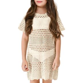 Girls Swim Cover Up Crochet Bathing Suit Cover Ups Short Sleeve Summer Beach Dress