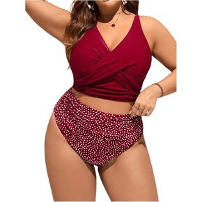 WDIRARA Women's Plus Size Spotted Print Vest Style Swimsuit Criss Cross Ruched Tankini Top and High Waist Bottom Bikini in Kuwait