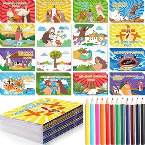 Trandraft 48 Pack Large Religious Coloring Books with 24 Colored Pencils Bible Story Christian Coloring Books for Sunday School Vbs Rewards Basket Fillers Crafts Classroom Artwork Gift for Kids Adults