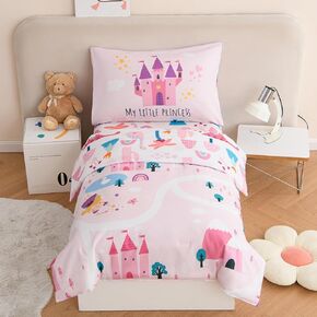 PERFEMET 4-Piece Toddler Bedding Set-Reversible Woodland Animal Toddler Bed Sets for Boys Girls-Soft Lightweight Cartoon Bear Deer Print Toddler Bed Comforter with Sheets for All Season