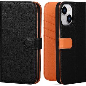 VISOUL Real Leather Wallet Case for iPhone 15, Pebbled Leather Flip Folio Case with Card Holder Magnetic Kickstand Soft TPU Shell Phone Cover Designed for iPhone 15(6.1 inch) (Apricot+Lemon Yellow)