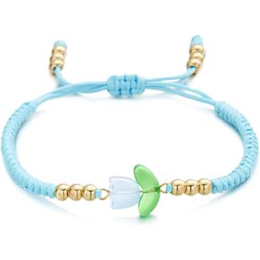 Tulip flower Bracelet for Women Girls Simple Charm Cute Flower Bracelet Handmade Boho Adjustable Braided Rope Bracelet for Best Friends