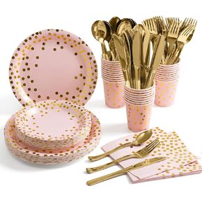 175 Pieces Rose Gold Party Supplies - Rose Gold Dot on White Paper Plates and Napkins Cups Silverware Serves 25 Sets for Wedding Bridal Shower Engagement Birthday Parties