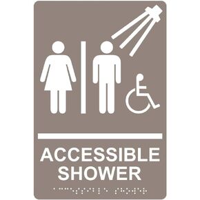 ComplianceSigns.com Accessible Shower Sign, ADA-Compliant Braille and Raised Letters, 9x6 inch White on Black Acrylic with Adhesive Mounting Strips