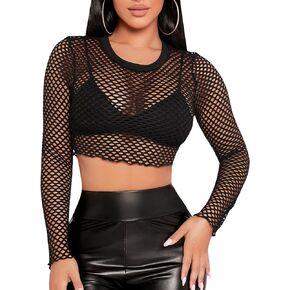 Floerns Women's Long Sleeve Hollow Out Knitted Cropped Sweater Fishnet Tops