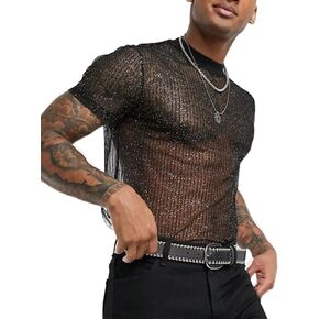 Men's Sheer See Through Mesh Tee Glitter Button Front Short Sleeve T-Shirt Tops