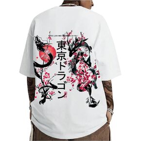 GORGLITTER Men's Japanese Letter Graphic Tee Top Oversized Short Sleeve Casual Aesthetic Print T-Shirt