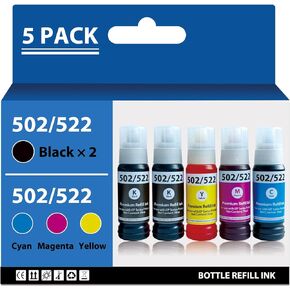 502 522 Ink Bottles Replacement Compatible for Epson 502 T502 522 Ink Refill Bottles for ET-2800 ET-4800 ET-2400 ET-2850 ET-3830 ET-2803 ET-3850 ET-15000 Printers 5 Pack
