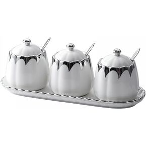 Porcelain Condiment Jar Spice Container with Lids, Spoon and Tray, Set of 3,Modern Spice Box Seasoning Jar for Your Home, Kitchen, Counter (White gold)