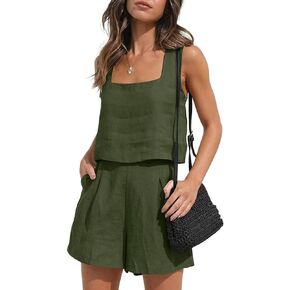 Women's 2 Piece Outfits Cotton Linen Crop Tank Top Wide Leg Shorts With Pockets Fashion Vacation Casual Set