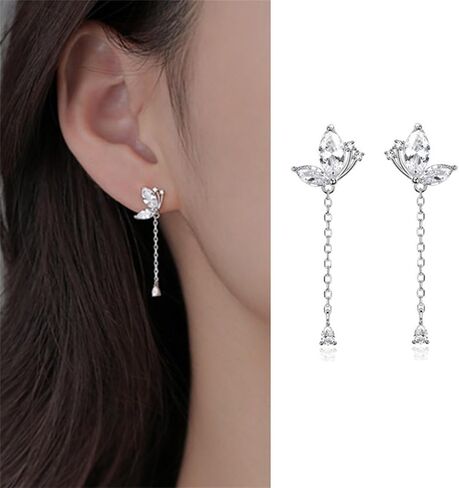 Butterfly Earrings for Women Teen Girls Dainty Charm 925 Sterling Silver CZ Butterfly Pendant Dangle Earrings Long Threader Tassel Drop Earrings in Saudi Arabia